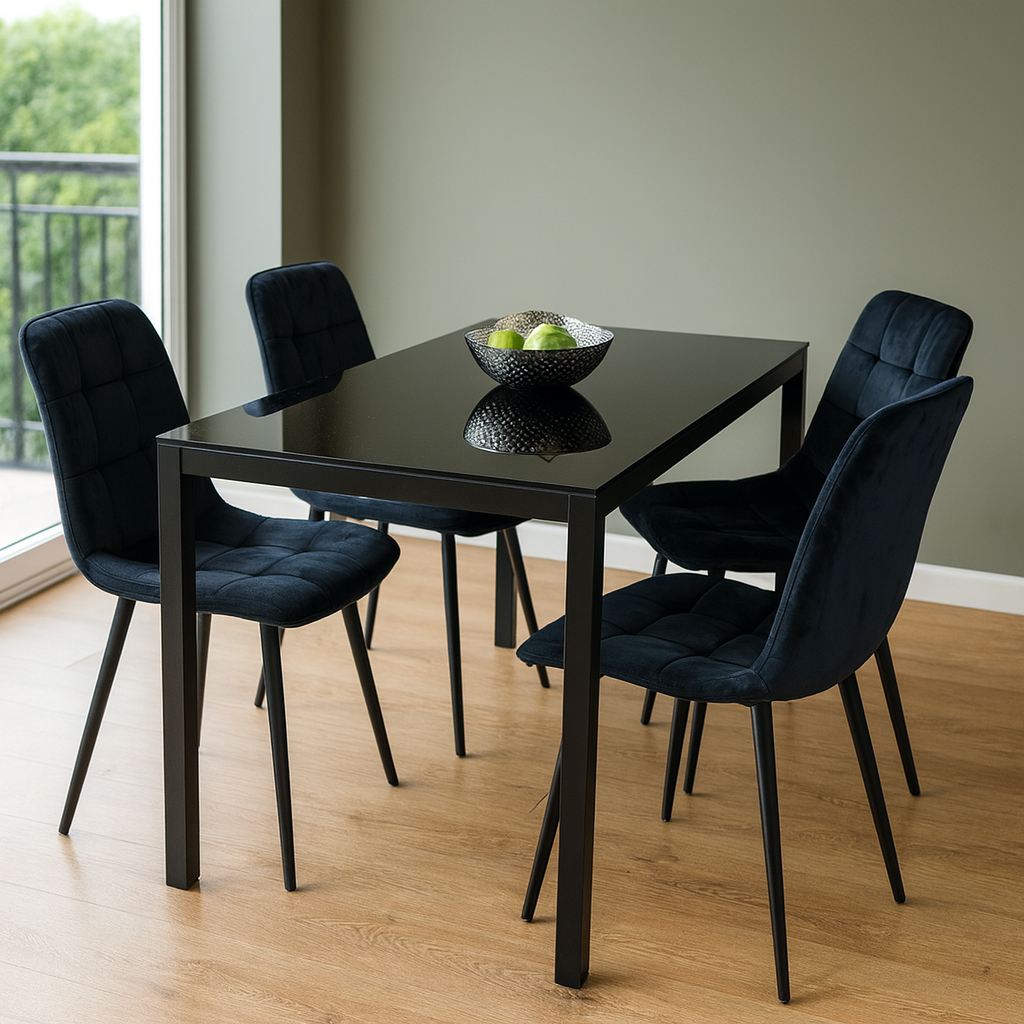 Dining Table and 4 Chairs Black Glass 4 Velvet Chairs  Dining Room Furniture