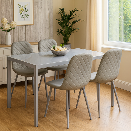 Glass Dining table and 4 grey leather chairs  Grey Glass Table And 4 Chairs kitchen dining room furniture