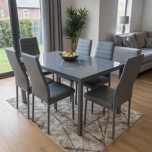 Grey Glass Dining Table Set With 6 Grey Faux Leather Chairs Dining Room Furniture