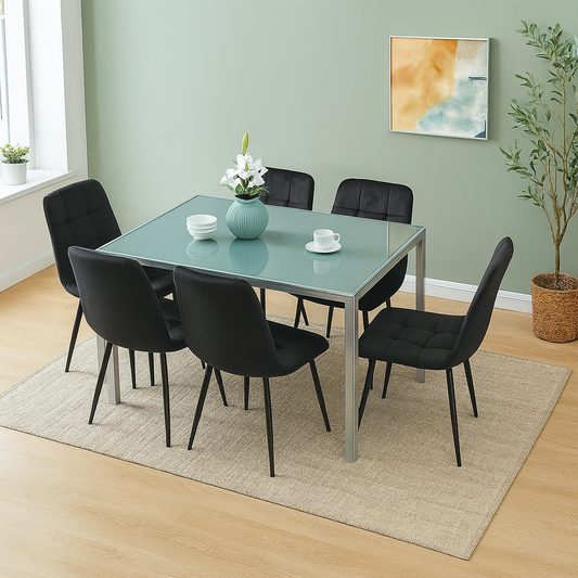 Grey Glass Dining Table with 6 Black Velvet Chairs Set Kitchen Dining Room Furniture