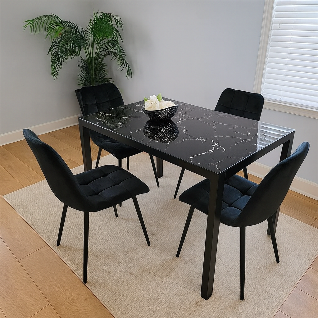 Dining Table and 4 Chairs Black Marble Effect Glass 4 Velvet Black Chairs Dining Room Furniture