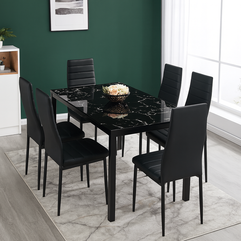 Dining Table and 6 Chairs Black Marble Effect Glass 6 Leather Black Chairs Dining Room Furniture