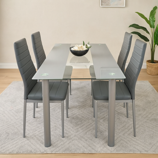 Dining Table and 4 Chairs Grey Clear Glass 4 Leather Grey Chairs Dining Room Furniture