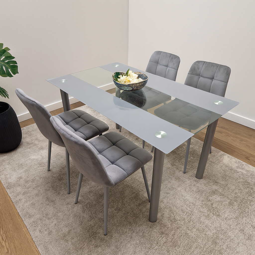 Dining Table Clear Glass and 4 Velvet Grey Chairs Dining Room Furniture