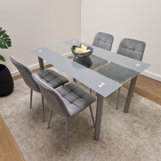 Dining Table Clear Glass and 4 Velvet Grey Chairs Dining Room Furniture