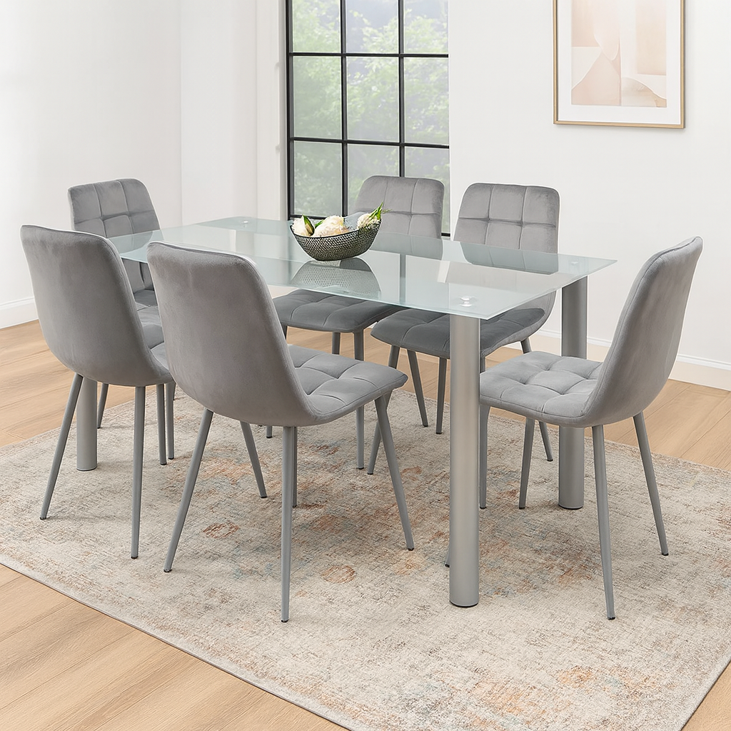 Dining Table and 6 Chairs Grey Clear Glass 6 Velvet Grey Chairs Dining Room Furniture