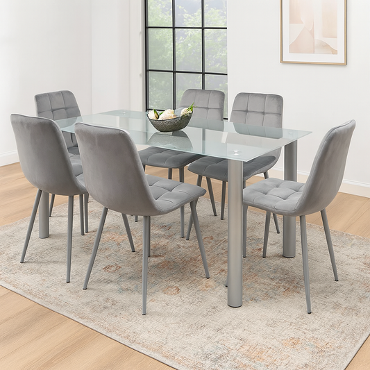 Dining Table and 6 Chairs Grey Clear Glass 6 Velvet Grey Chairs Dining Room Furniture