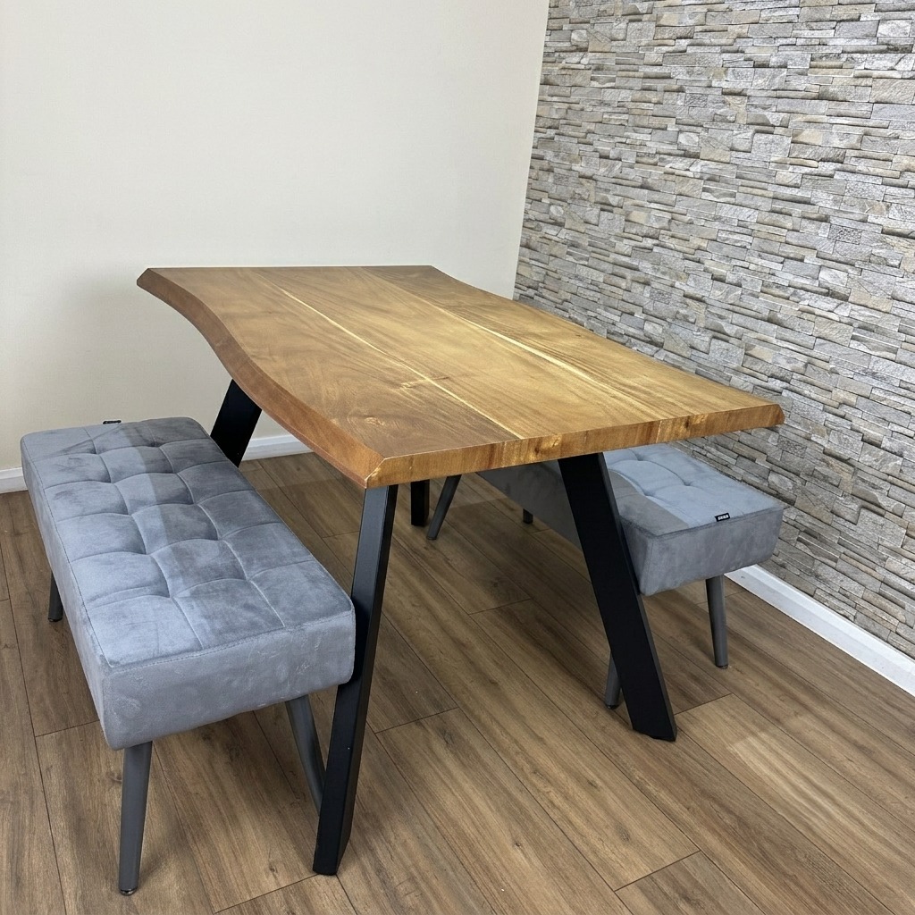 DOUBS Wood Dining Table and 2 Grey Velvet Benches 3-Piece Set