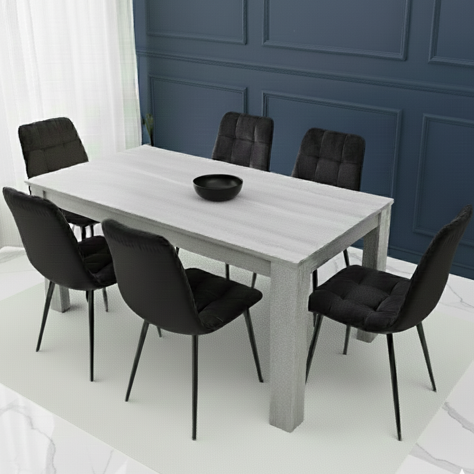DOUBS Modern Grey Wooden Dining Table Set with 6 Black Velvet Chairs Dining Home Furniture