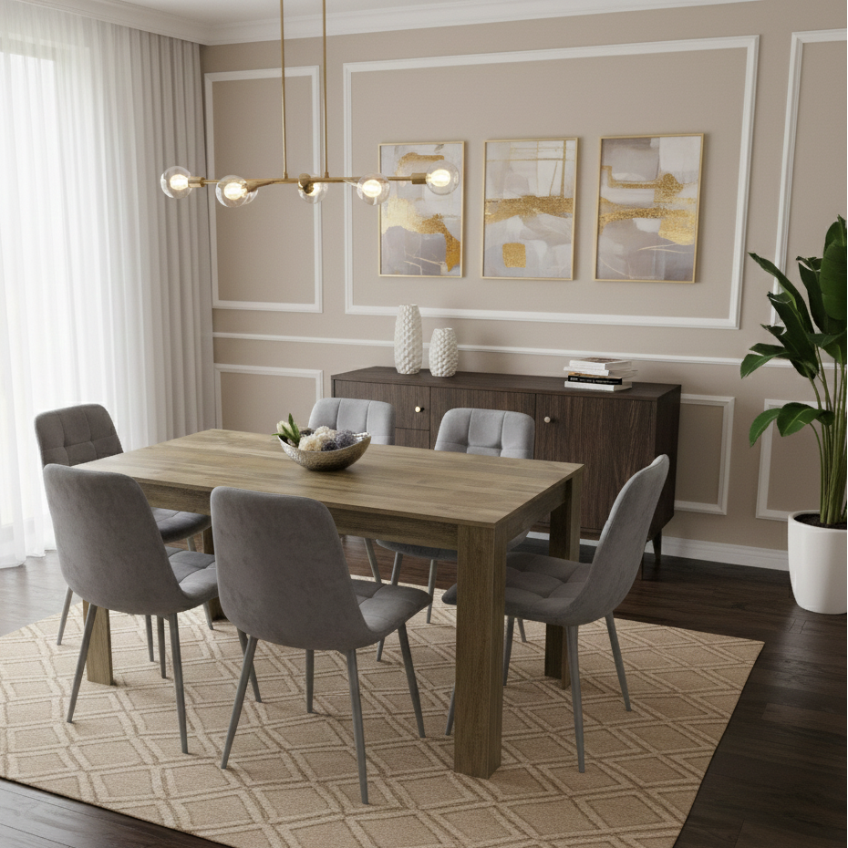 DOUBS Dining Table and 6 Chairs Rustic Effect Wood Table 6 Grey Velvet Chairs Dining Room