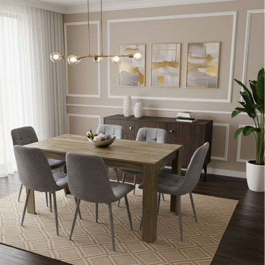 DOUBS Dining Table and 6 Chairs Rustic Effect Wood Table 6 Grey Velvet Chairs Dining Room