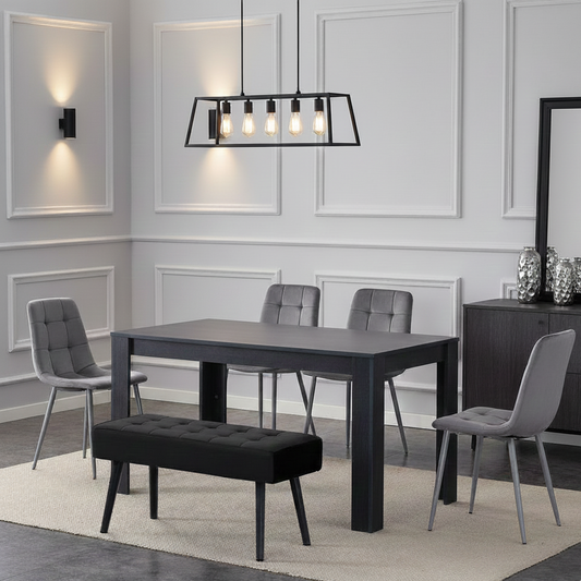 DOUBS Dining Table and 4 Chairs With Bench Dark Grey, 4 Grey Velvet Chairs Wood Dining Set Furniture