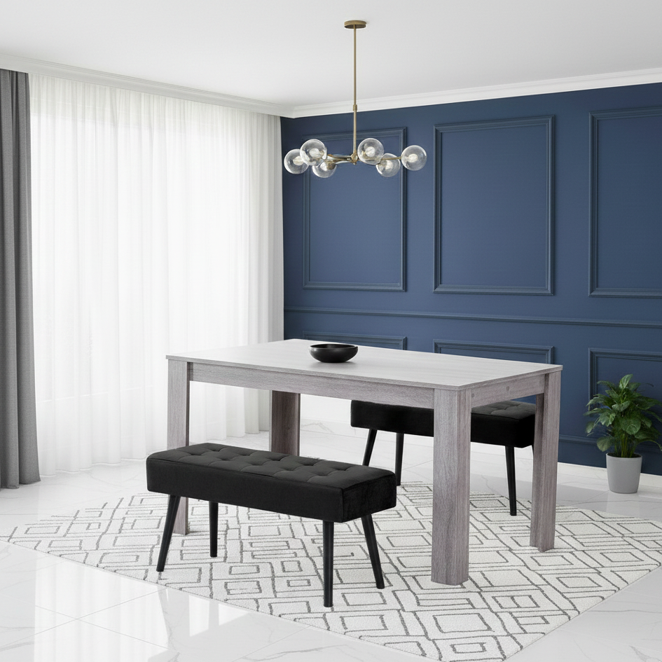 DOUBS Dining Table and 2 Benches 2 Grey Velvet Benches Wood Table Dining Set Furniture