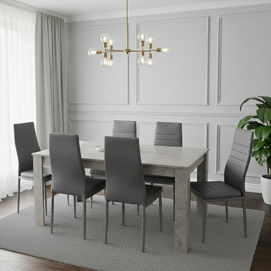 DOUBS Dining Table and 6 Chairs Stone Grey Effect Wood Table 6 Grey Leather Chairs Dining Room