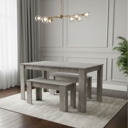 DOUBS Dining Table and 2 Benches  Stone Grey Effect Wood Table 2 Grey Benches Dining Room Furniture