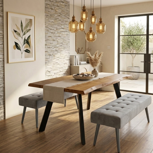 DOUBS Wood Dining Table and 2 Grey Velvet Benches 3-Piece Set