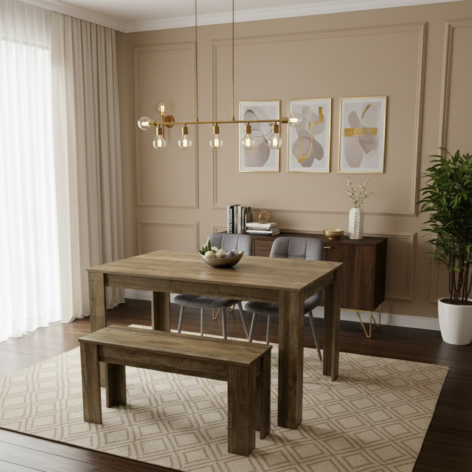 DOUBS Dining Table Set for 4 Rustic Effect Dining Table With 2 Grey Velvet Chairs and 1 Matching Bench