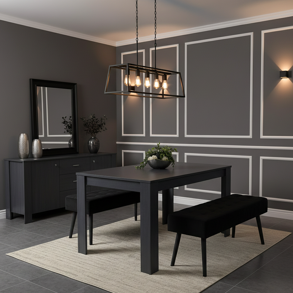 DOUBS Wooden Dark Grey Arrow Design Dining Set with Velvet Chairs & Benches