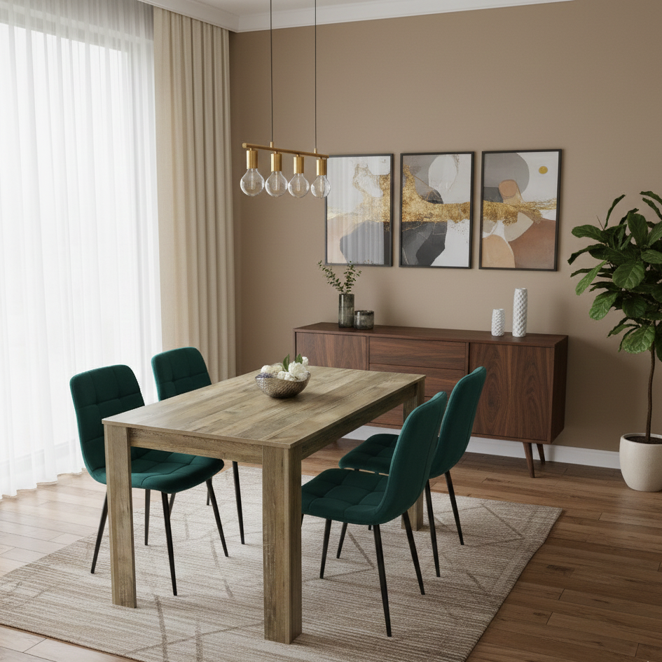 DOUBS Dining Set of 4 Dining Table and 4 Green Velvet Chairs Dining Room Furniture