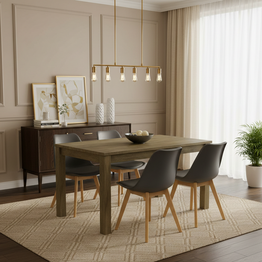 DOUBS Dining Table and 4 Chairs Rustic Effect Wood Table 4 Grey Plastic Leather Chairs Dining Room