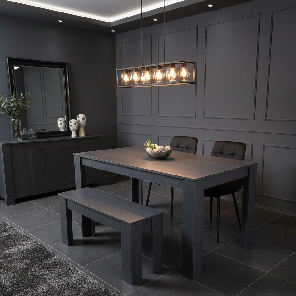 DOUBS Dining Table and  2 Chairs With Bench  Black Dark Grey Velvet Chairs Wood Dining Set Furniture