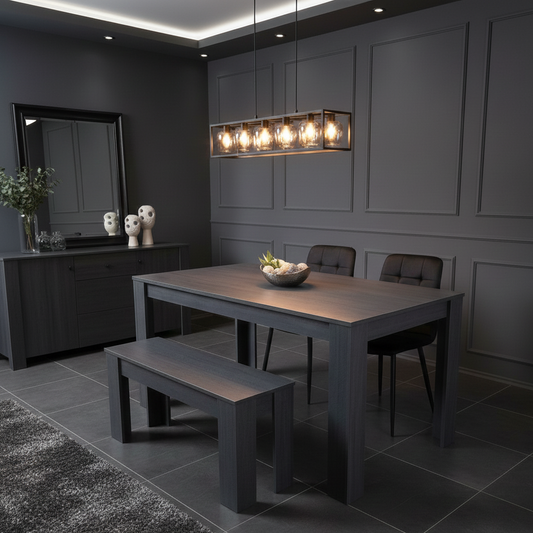 DOUBS Dining Table and  2 Chairs With Bench  Black Dark Grey Velvet Chairs Wood Dining Set Furniture