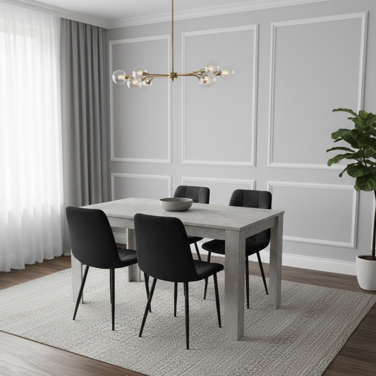 DOUBS Dining Table and 4 Chairs Stone Grey Effect Wood Table 4 Black Velvet Chairs Dining Room