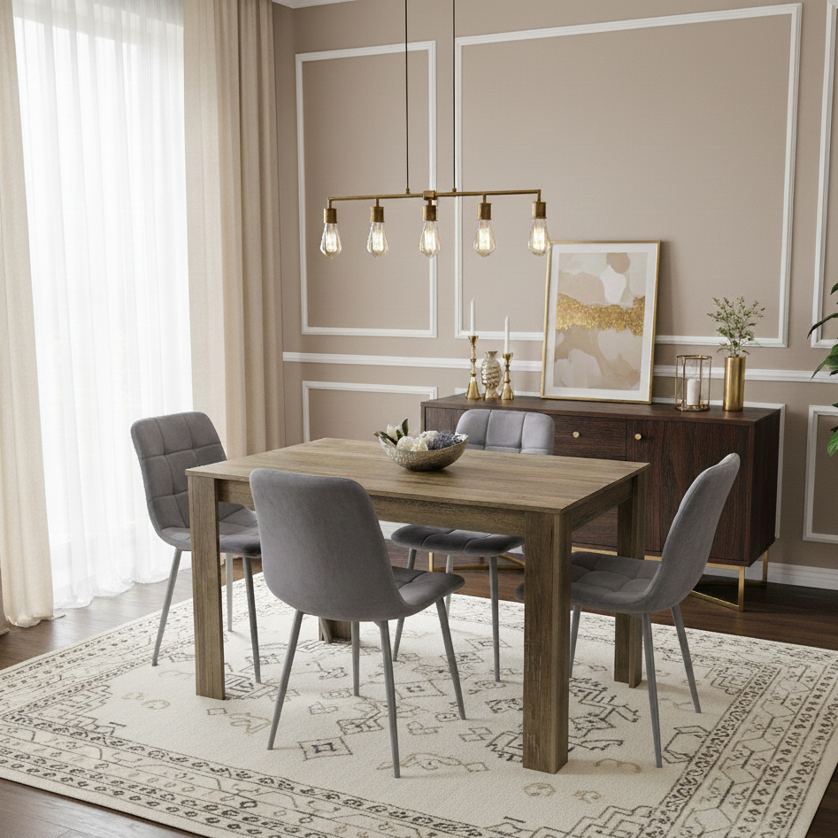 DOUBS Dining Table and 4 Chairs Rustic Effect Wood Table 4 Grey Velvet Chairs Dining Room