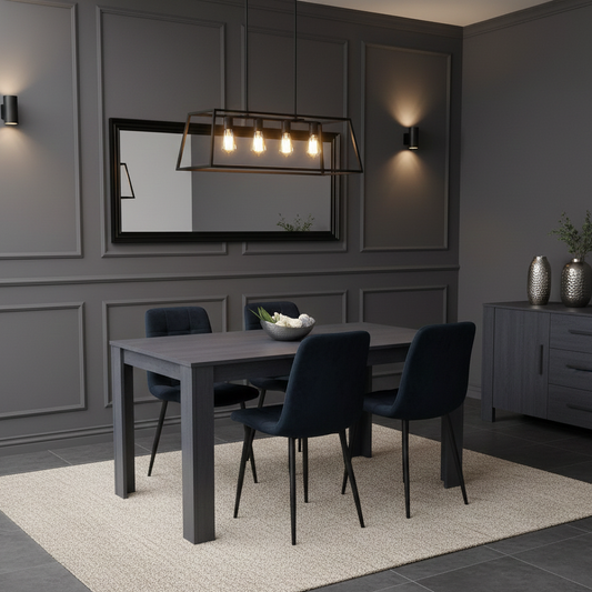 DOUBS Dining Table and 4 Chairs  Black Dark Grey Velvet Chairs Wood Dining Set Furniture