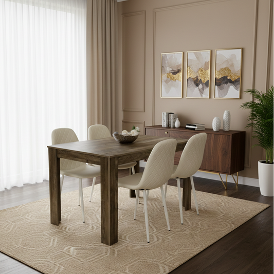 DOUBS Wooden Dining Table with 4 Cream Gem Patterned Chairs Rusteic Effect Table with Cream Chairs