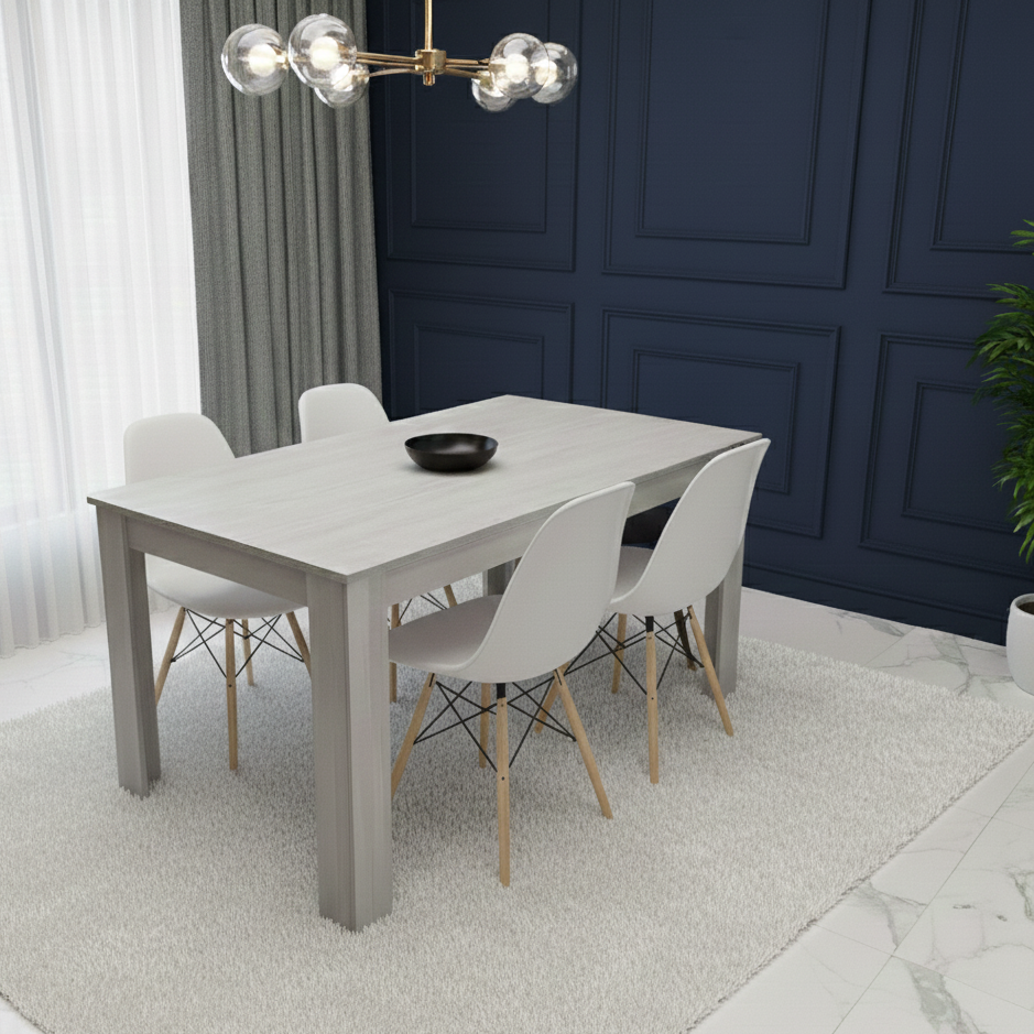 DOUBS Grey Wooden Dining Table Set  With 4 White Plastic Leather Chairs Dining Room Furniture