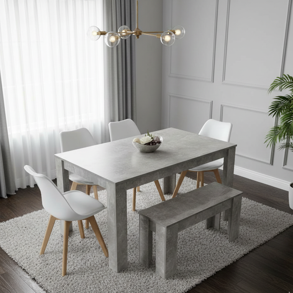 DOUBS Dining Table and 4 Chairs With Bench Stone Grey Effect Wood Table 4 White Plastic Leather Chairs Dining Room