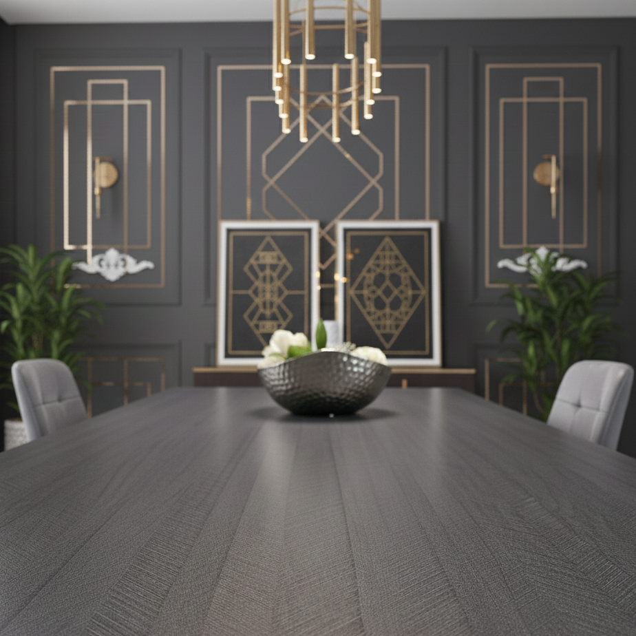 DOUBS Dark Grey Wooden Dining Set with Velvet Chairs and Bench, Arrow Design