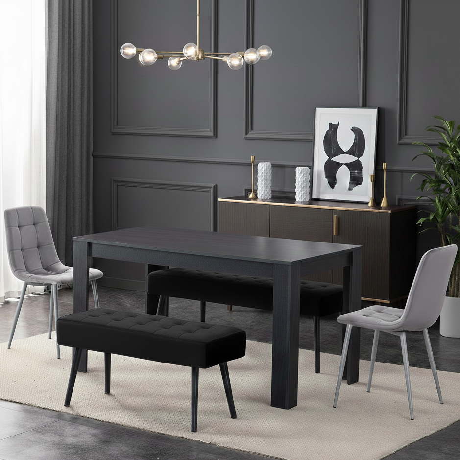 DOUBS Dark Grey Arrow Design Wooden Dining Table with Velvet Chairs and 2 Benches