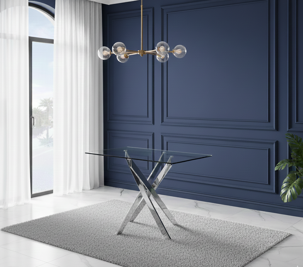 DOUBS Glass Dining Table with Chrome legs, Rectangle, Living / Dining Room, Kitchen, Furniture