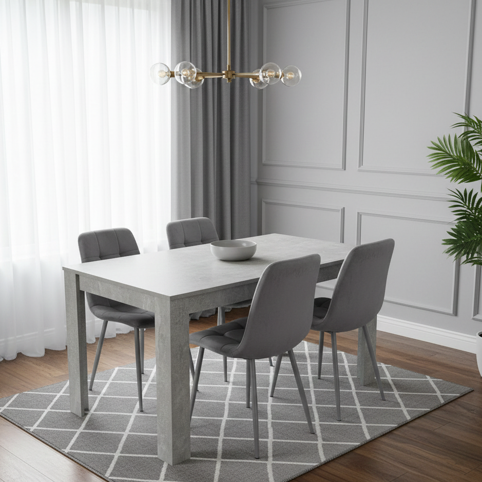 Doubs Grey Wooden Effect Dining Table Set with 4 Tufted Velvet Grey Chairs ,  Melamine Finish, Curved Back Design
