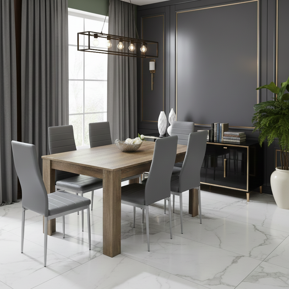 DOUBS Dining Table and 6 Chairs Rustic Effect Wood Table 6 Grey Leather Chairs Dining Room