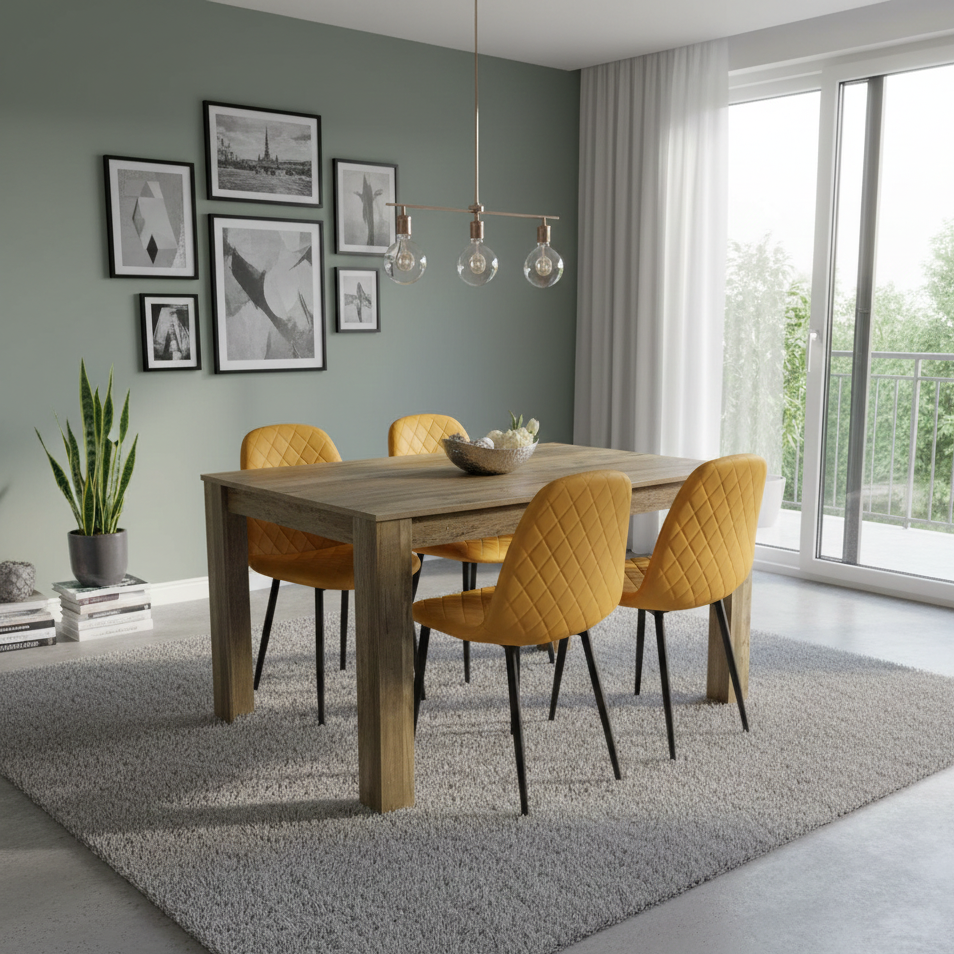 DOUBS Dining Table and 4 Chairs Rustic Effect Table with 4 Mustard Gem Patterned Chairs