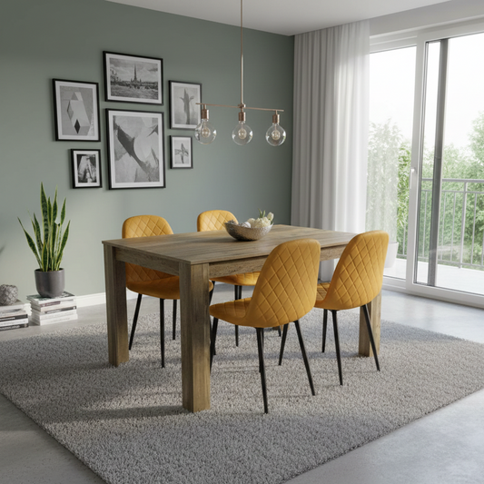 DOUBS Dining Table and 4 Chairs Rustic Effect Table with 4 Mustard Gem Patterned Chairs