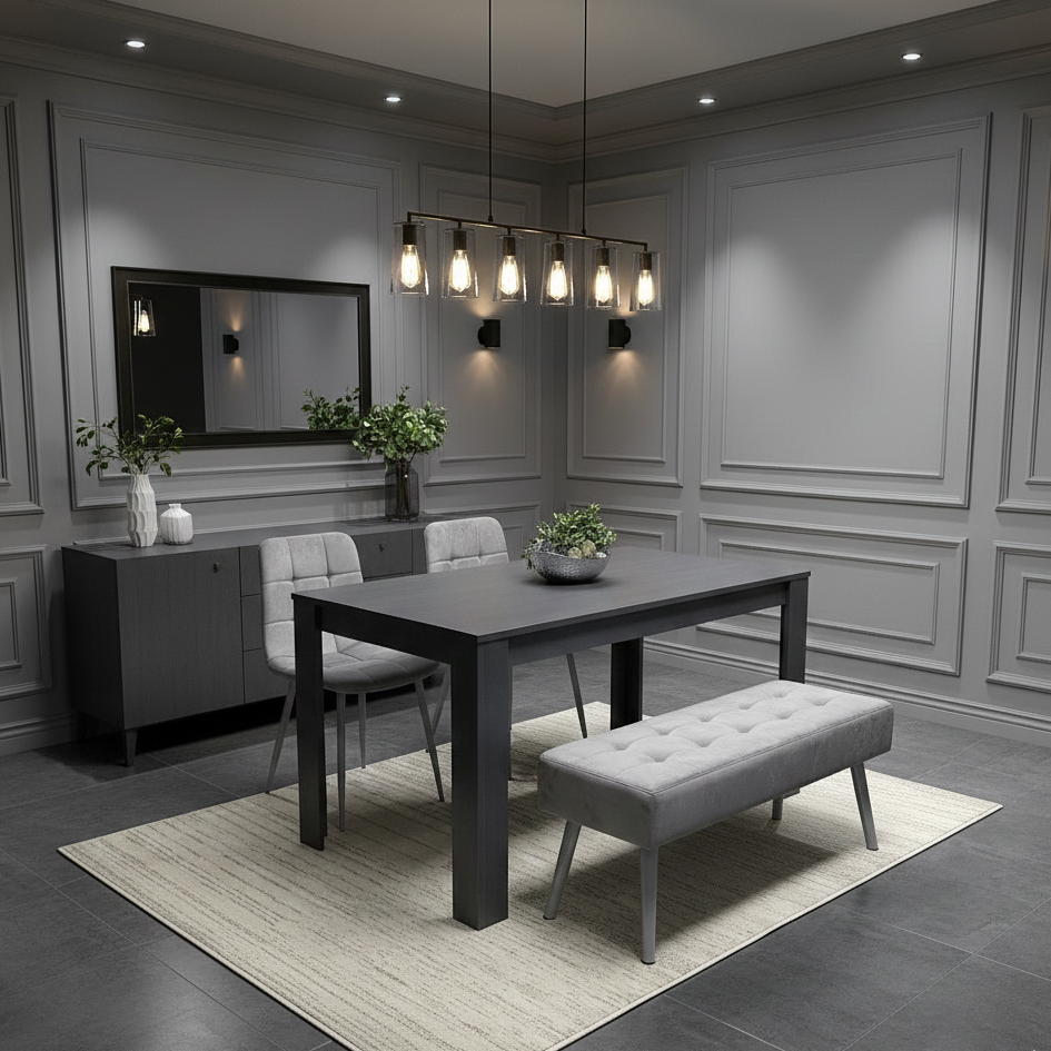 DOUBS Dark Grey Wooden Dining Set with Velvet Chairs and Bench, Arrow Design