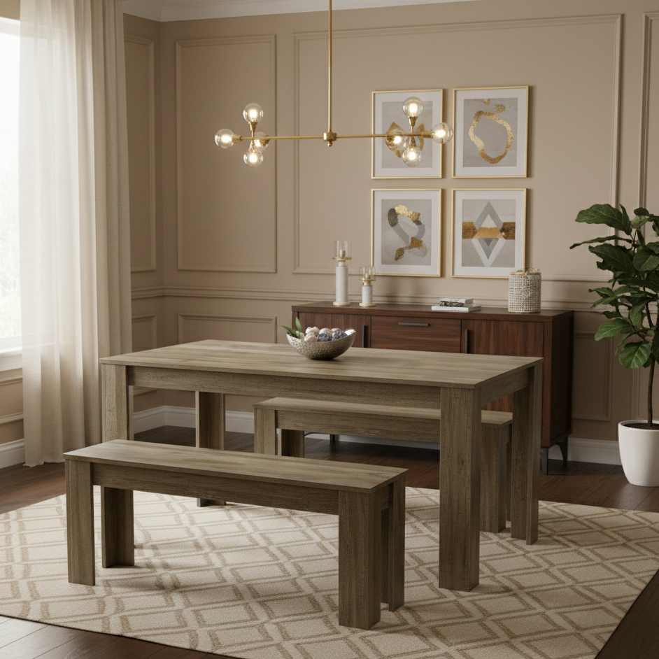 DOUBS Dining Table and 2 Benches Rustic Effect Wood Table Rustic Benches Dining Room