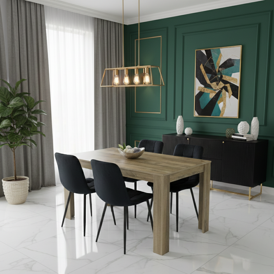 DOUBS Dining Table and 4 Chairs Rustic Effect Wood Table 4 Black Velvet Chairs Dining Room