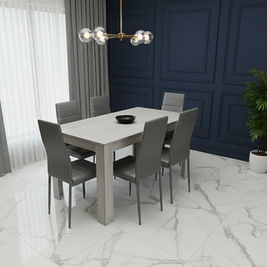DOUBS Modern Dining Table Set With 6 Grey Faux Leather Chairs Dining Room Furniture