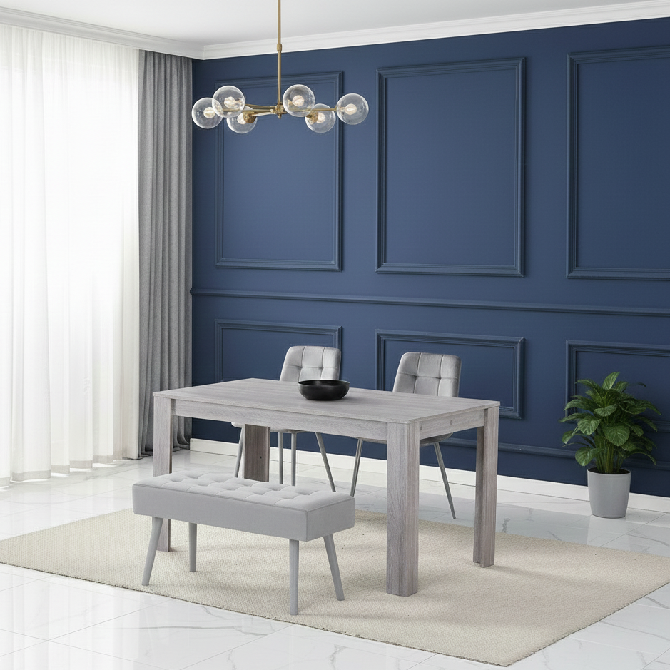 DOUBS Dining Table and 2 Chairs With Bench Grey 2 Grey Velvet Chairs