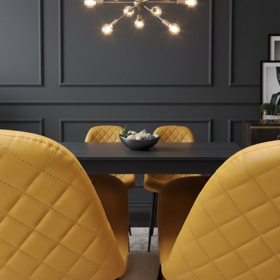 DOUBS Dining Table and 4 Chairs  Black Dark Grey 4 Leather Mustard Chairs Wood Dining Set Furniture
