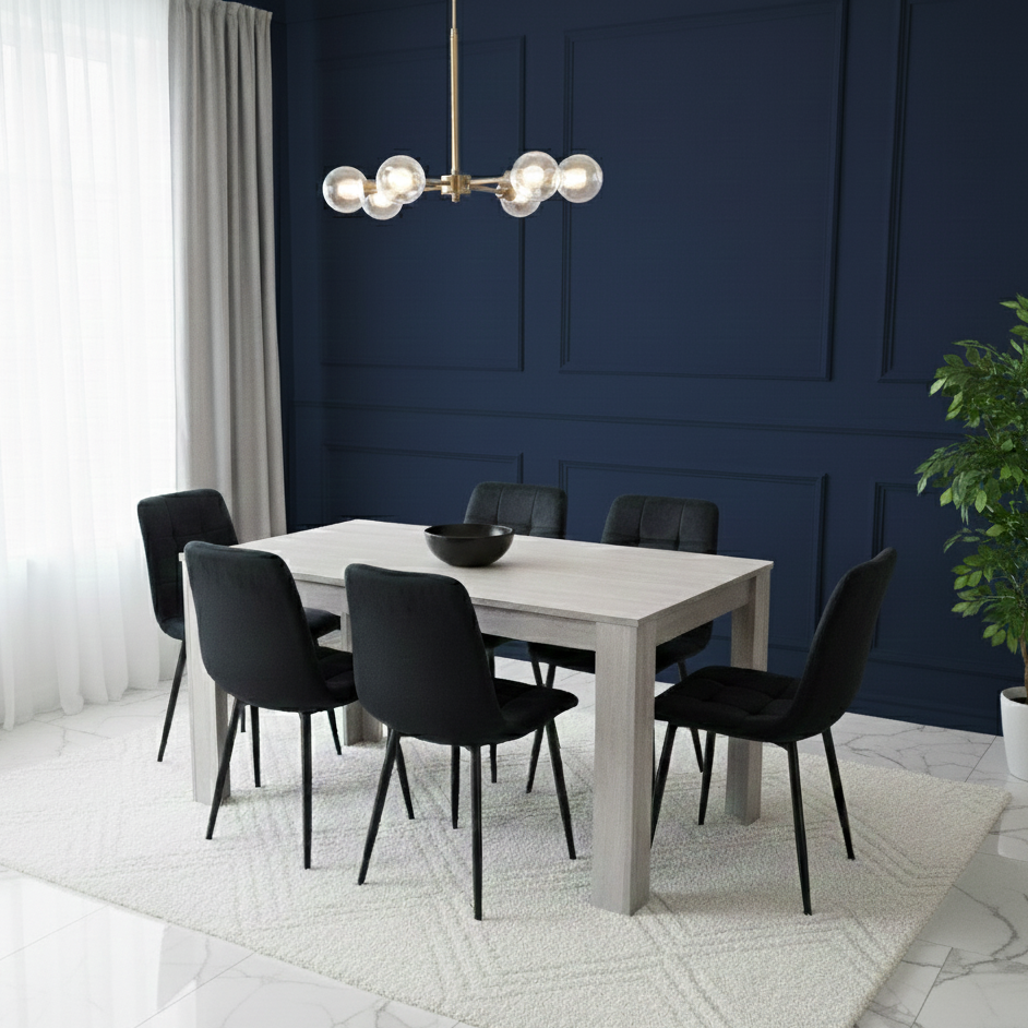 DOUBS Modern Grey Wooden Dining Table Set with 6 Black Velvet Chairs Dining Home Furniture