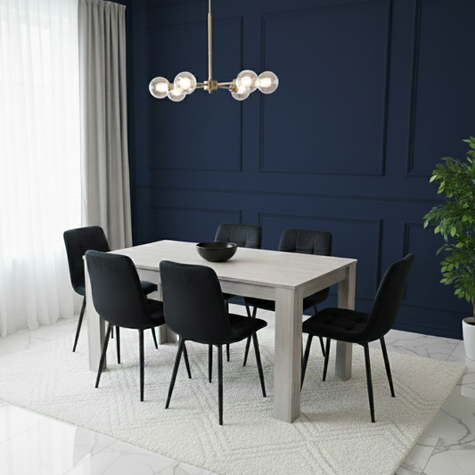 DOUBS Modern Grey Wooden Dining Table Set with 6 Black Velvet Chairs Dining Home Furniture