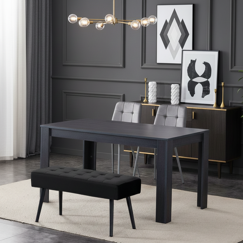 DOUBS Dark Grey Wooden Dining Set with Velvet Chairs and Bench, Arrow Design