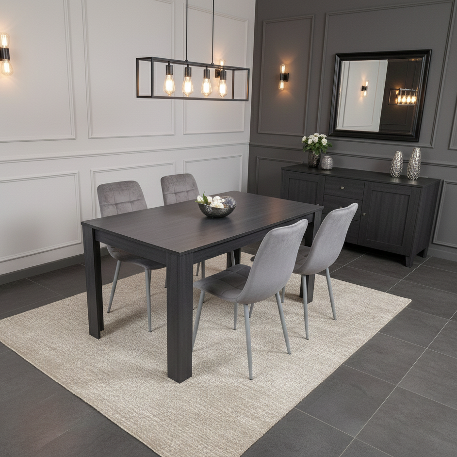 DOUBS Dining Table and 4 Chairs  Black Dark Grey 4 Velvet Grey Chairs Wood Dining Set Furniture