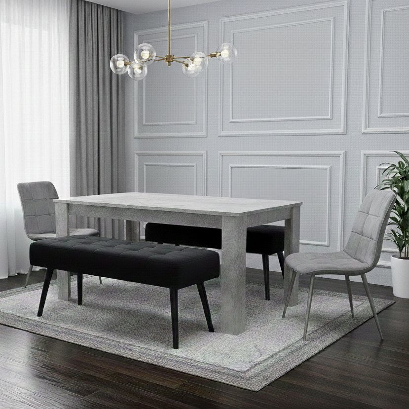 DOUBS Grey Wooden Dining Table Set with 2 Grey Chairs and Benches - Dining Kitchen Room Furniture